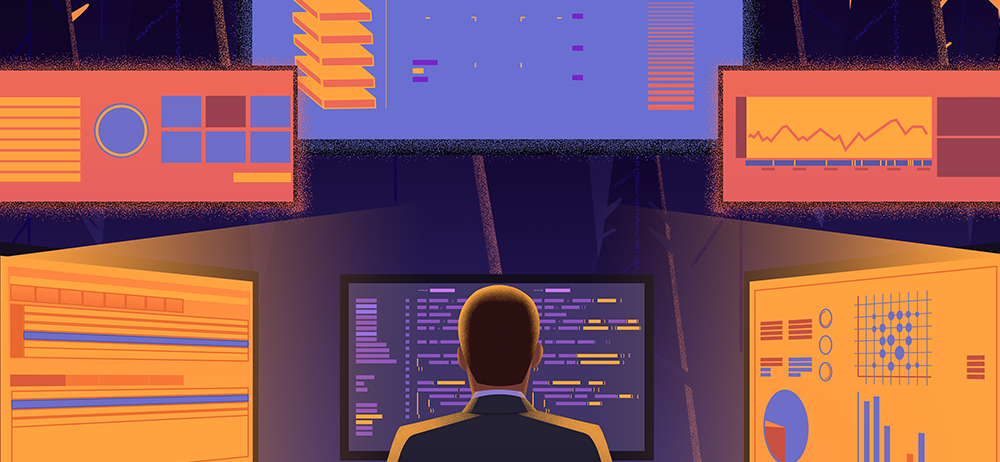 Image of a man looking at data surrounded by monitors used on cissp domain 7- security operations-what you need to know for the exam - Destination Certification