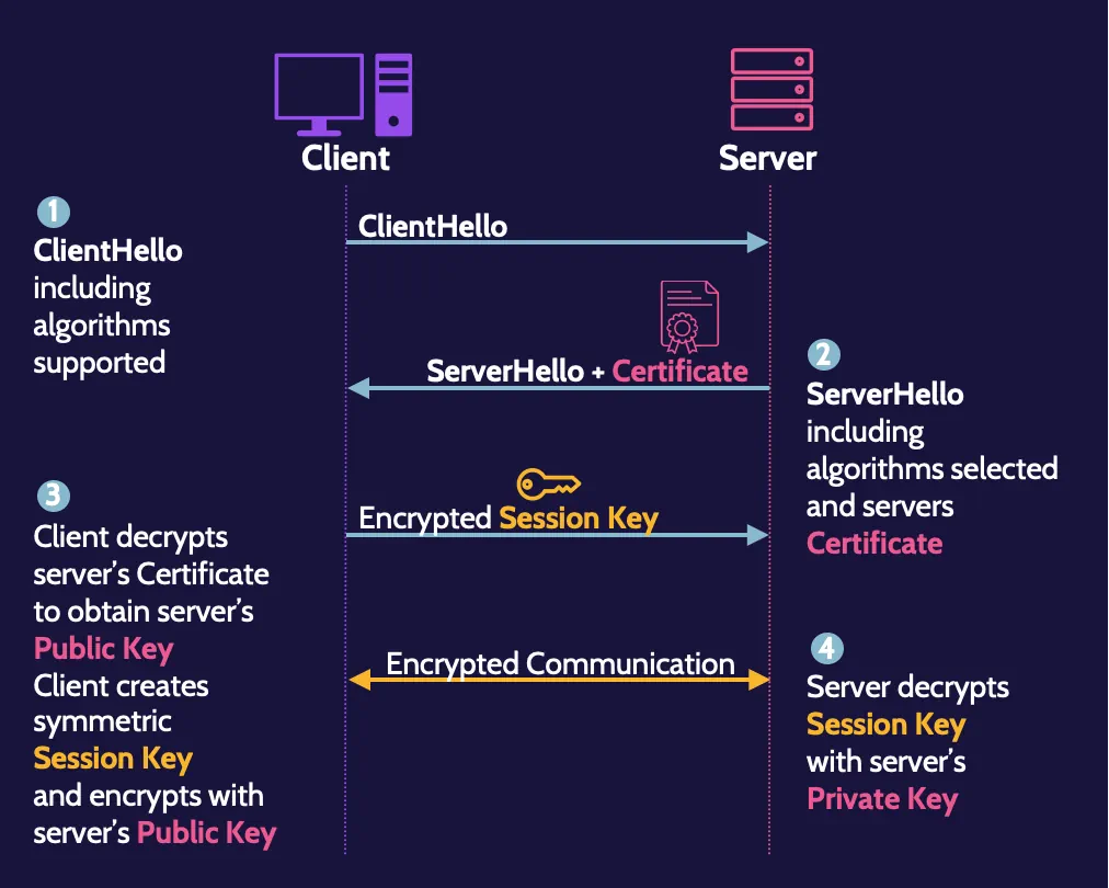 Image of SSL-TLS connection steps on cissp domain 4 - Destination Certification