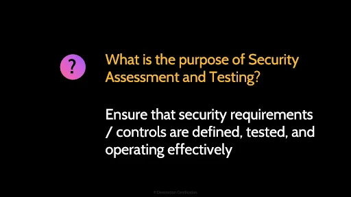 Image of a question ''what is the purpose of security assessment and testing?'' - Destination Certification