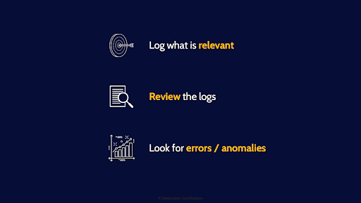 Image of log review and analysis steps - Destination Certification