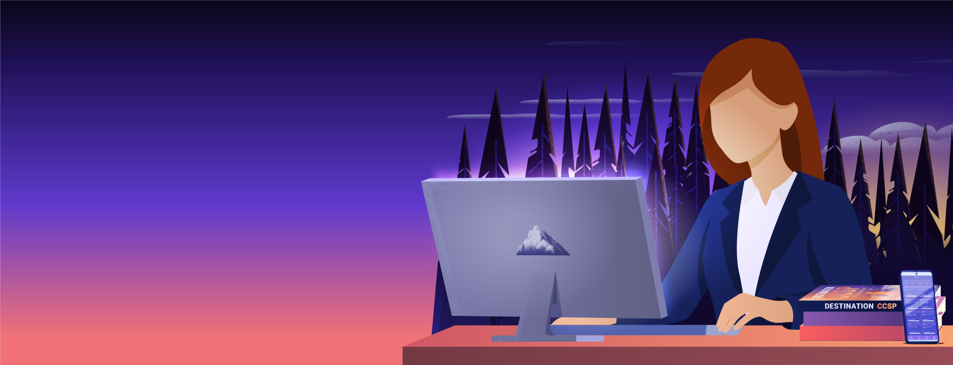 Illustration of a woman sitting on her desk and working on laptop - Destination Certification