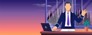 Illustration of a man sitting on his desk - Destination Certification