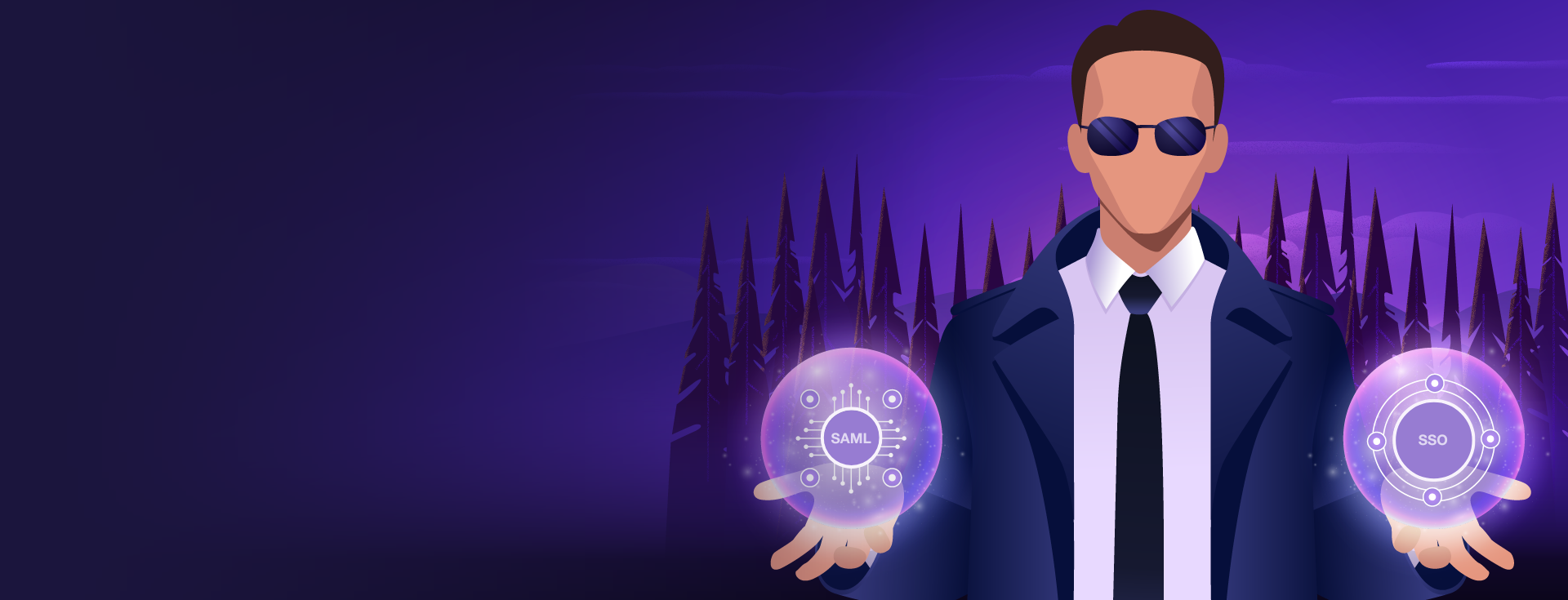 Image of a man holding SAML sign and SSO sign - Destination Certification