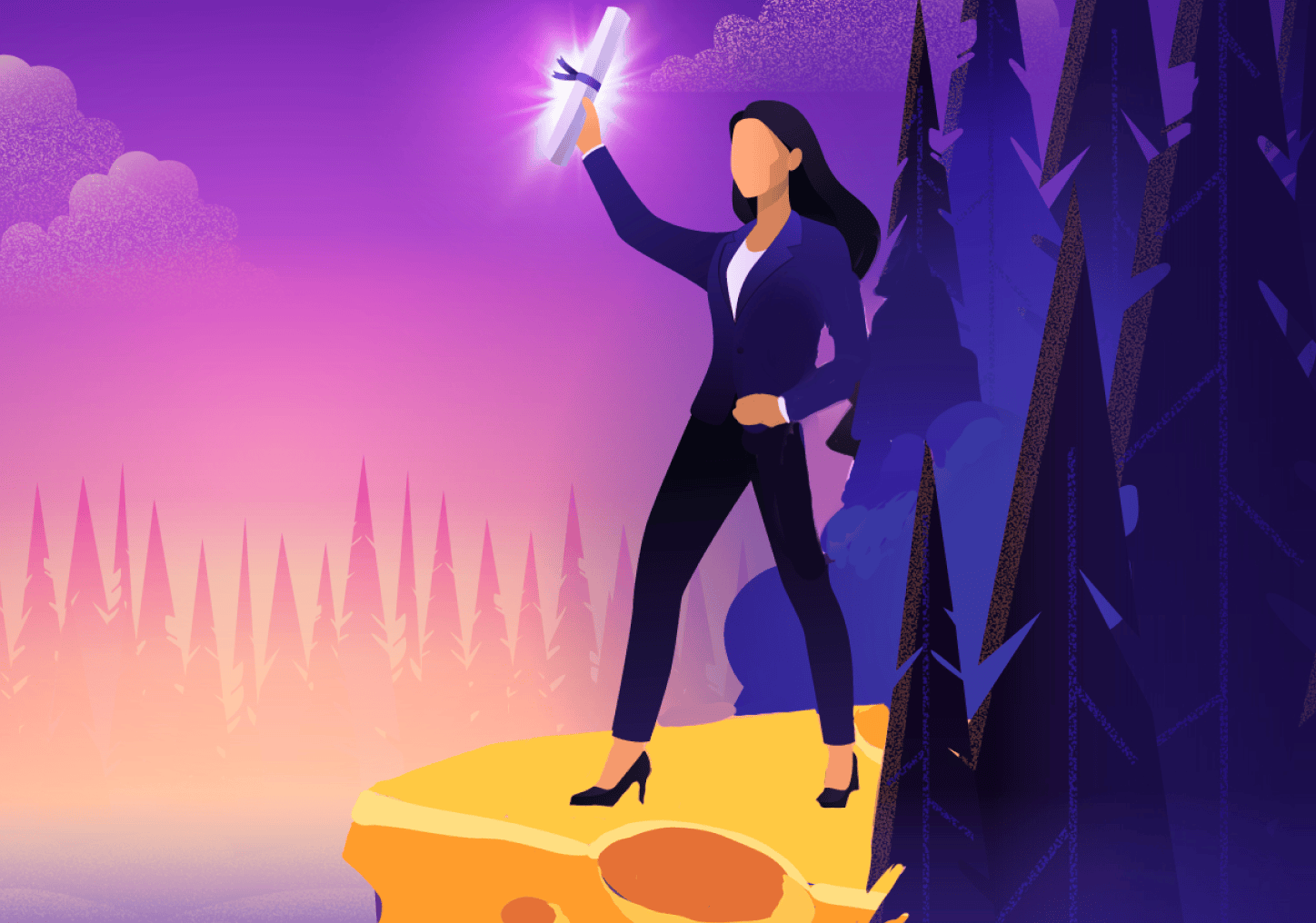 A businesswoman standing on a cheese block holding a glowing certificate - Destination Certification