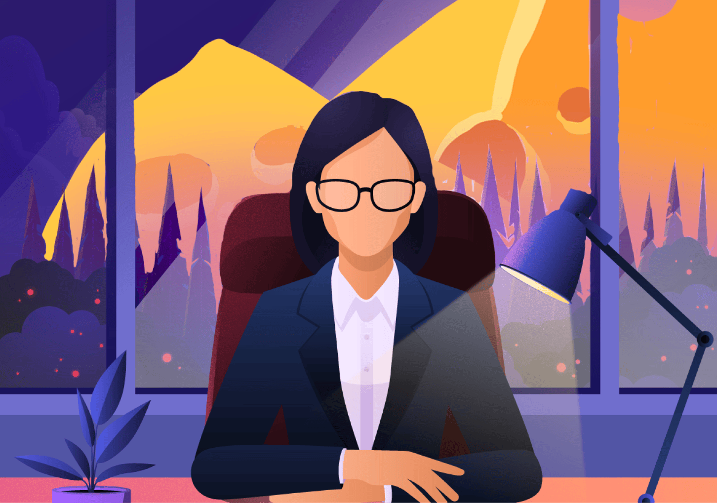 A professional woman sitting at her office desk with a cheese landscape visible through the window - Destination Certification