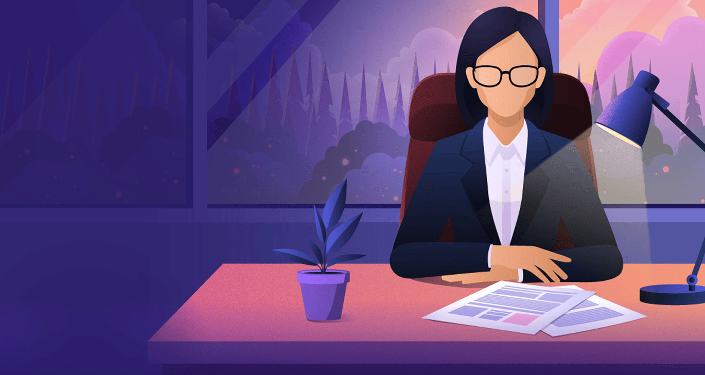 Businesswoman in a dark suit reviewing documents at her desk, with a desk lamp, potted plant, and a purple-hued forest night scene visible through the window behind her - Destination Certification