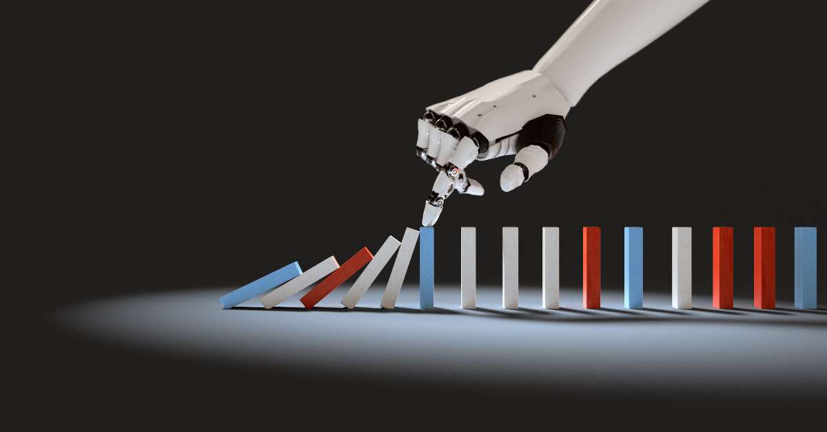 A robotic hand pushing over a line of colorful dominos, symbolizing the chain reaction and hidden liability risks triggered by third-party AI decision-making.