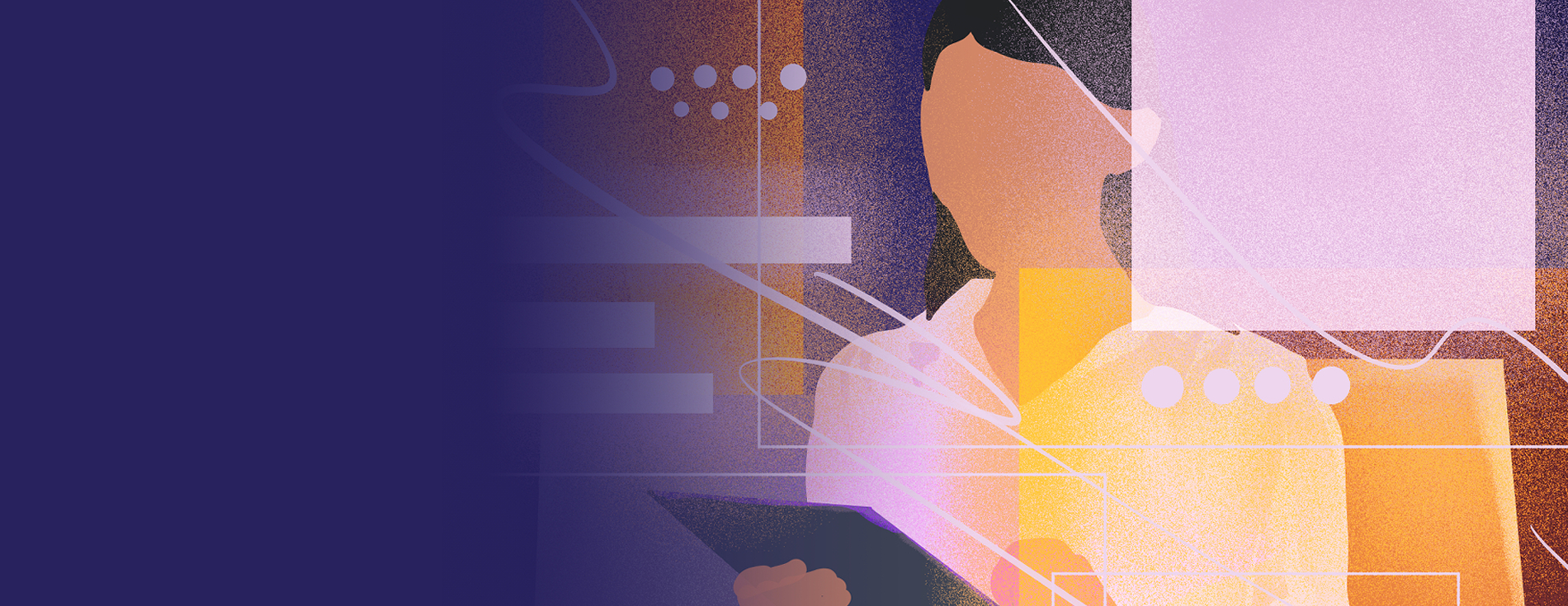 Abstract textured illustration of a faceless woman holding a clipboard, overlaid with colorful geometric shapes, dots, and dynamic lines representing digital strategy.