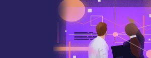 Abstract illustration of two business professionals looking at a large, vibrant purple digital dashboard. The woman holds a laptop and points at a line graph and data network nodes.