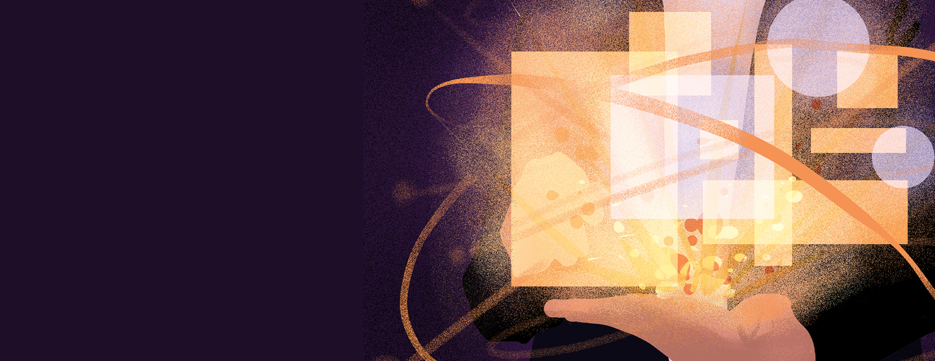 Abstract illustration of a person's hands holding glowing, floating geometric shapes and swirling orange orbital lines against a dark purple background.