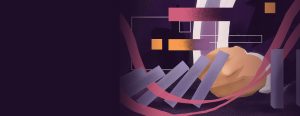 Abstract illustration of a person in a suit with folded hands, surrounded by rising purple 3D bar charts, flowing pink trend lines, and floating data blocks.