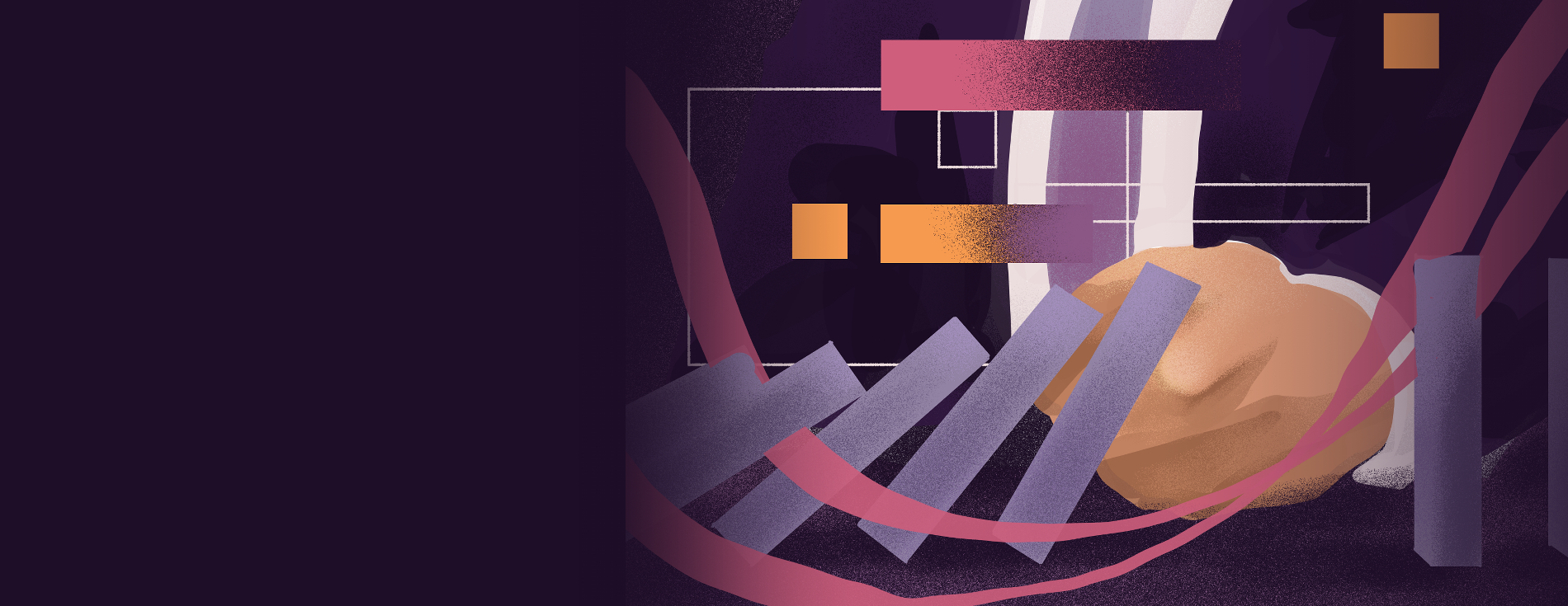 Abstract illustration of a person in a suit with folded hands, surrounded by rising purple 3D bar charts, flowing pink trend lines, and floating data blocks.