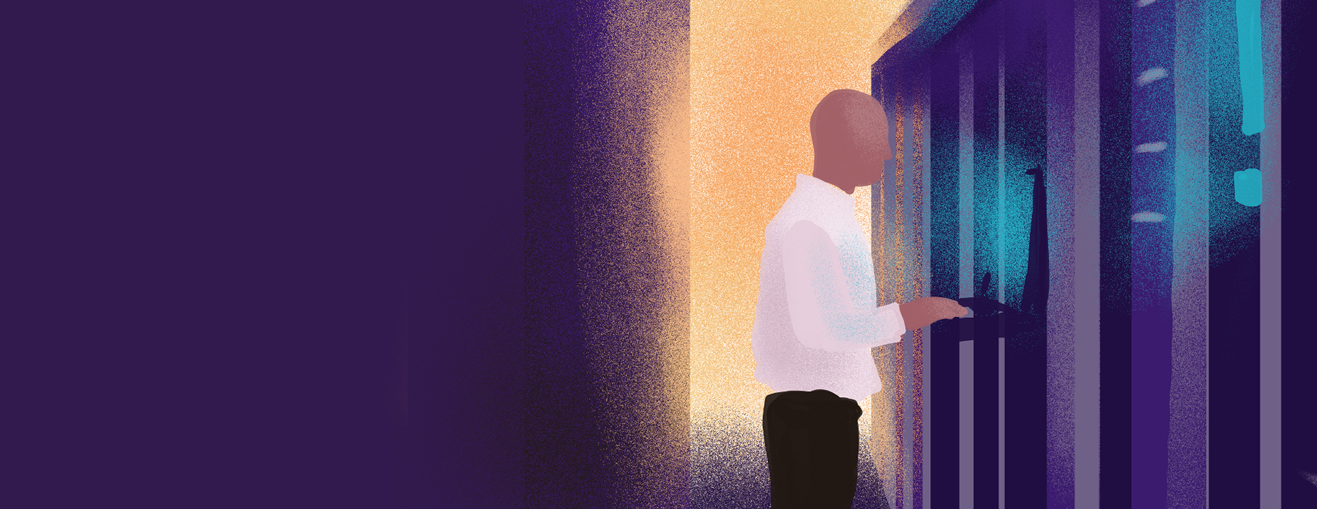 Abstract illustration of an IT professional working on a laptop console inside a data center.