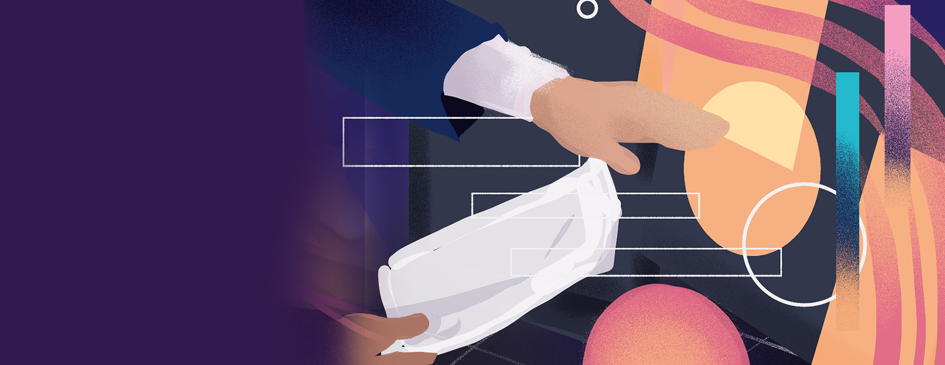 Abstract illustration of a person in a suit reaching for white documents held by another hand, surrounded by colorful geometric shapes, vertical data bars, and white wireframe elements on a dark blue background.