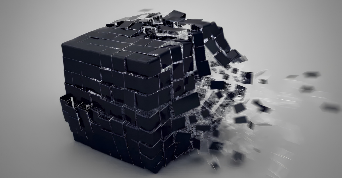 Geometric Cube with Crystal Fracture Debris An isometric view of a large, dark, fracturing block, illustrating the unexplainable AI black box problem.