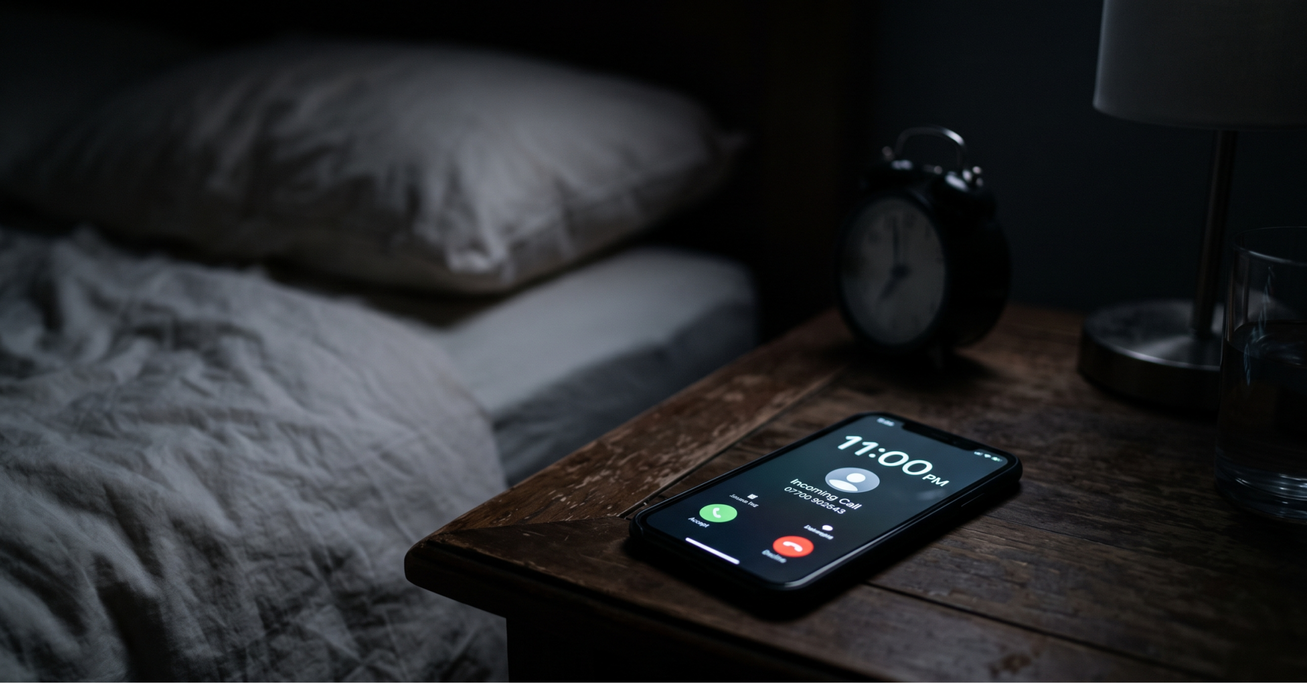 A glowing smartphone rests on a dark wooden nightstand next to a bed, displaying an incoming call at 11:00 PM.