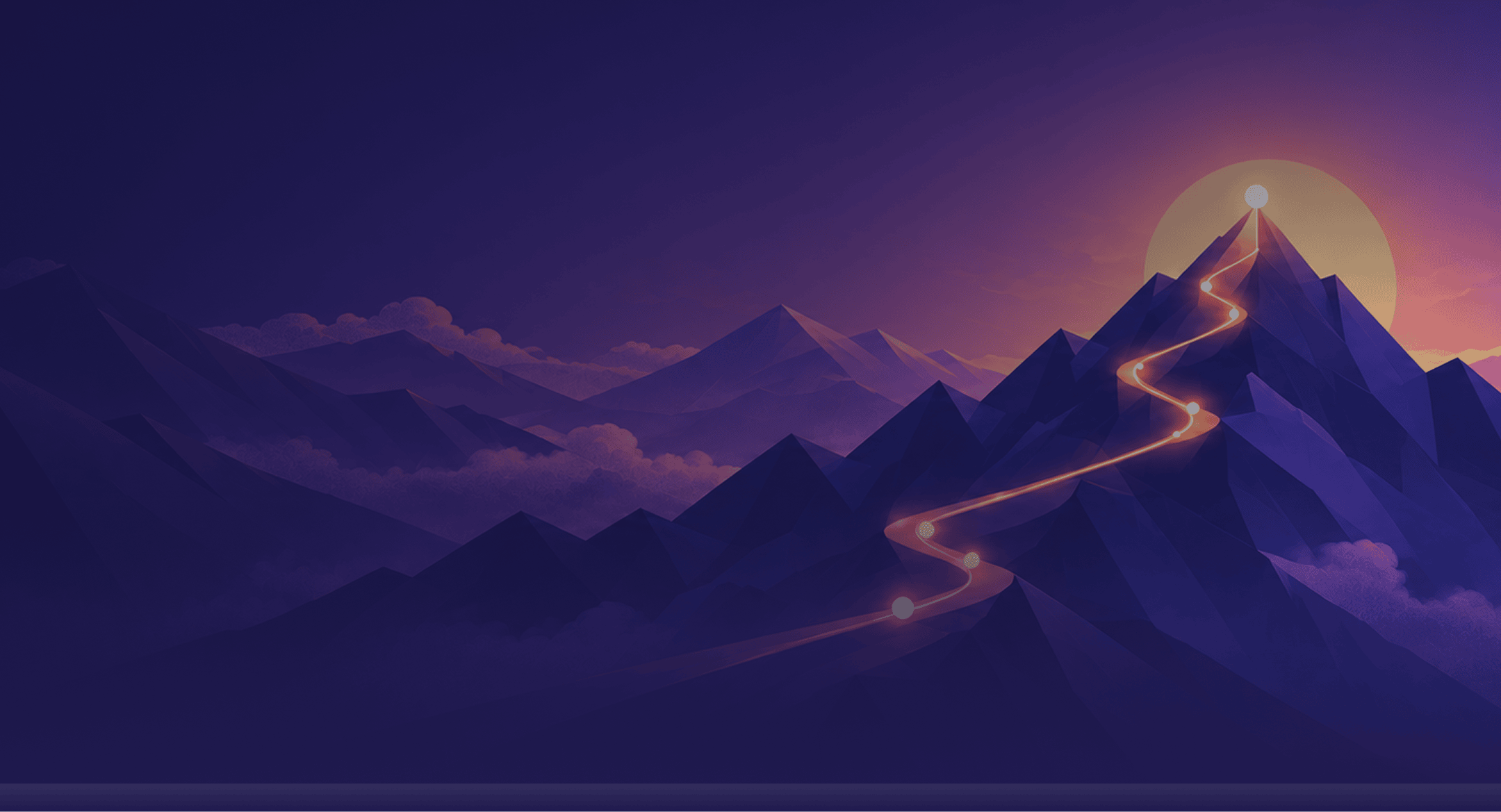 Dark purple mountains with a winding, glowing trail leading to a lit peak set against a soft sun - Destination Certification
