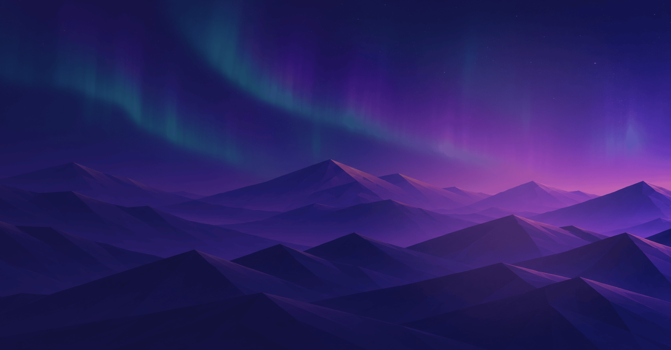 Northern Lights Landscape low-poly mountain range glowing under green and purple northern lights