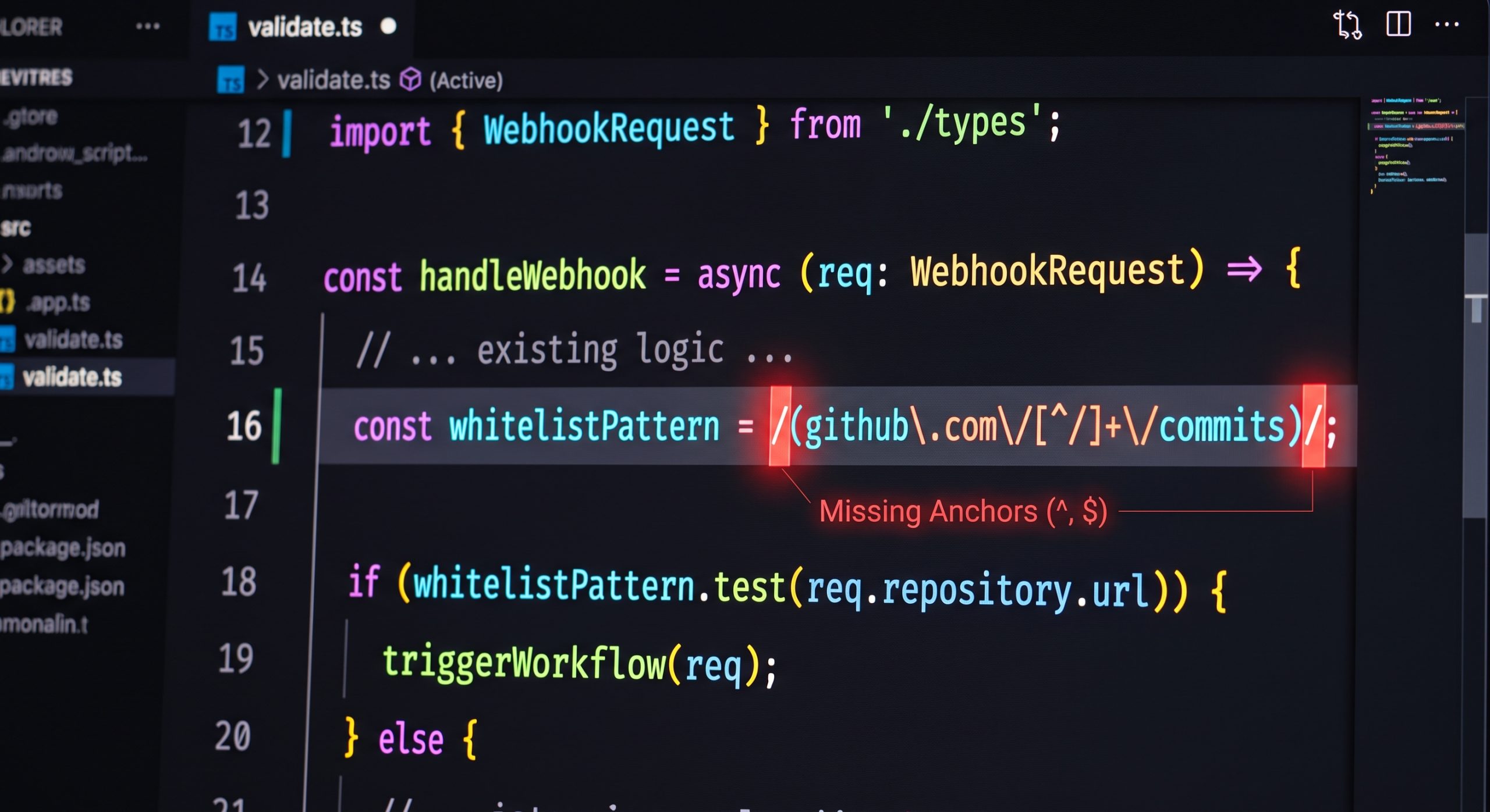A dark-mode code editor displaying a TypeScript file with a regular expression. Red highlights at the beginning and end of the regex pattern specifically point out the "Missing Anchors (^, $)".